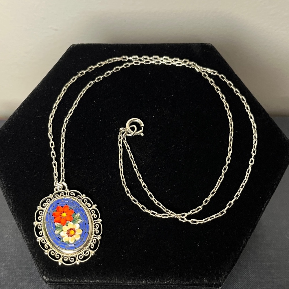 Vintage Micro Mosaic Floral Art Tiles in Filigree Silver Pendant Necklace Italy
